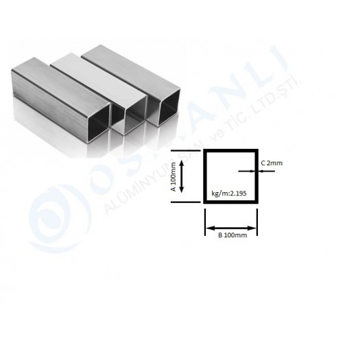 Alüminyum Kutu Profil 100mm X 100mm Et Kalınlık 2mm Alüminyum Kutu Profil 100mm X 100mm Et Kalınlık 2mm